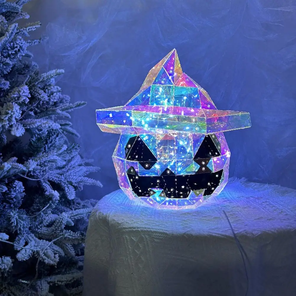 Prismatic Iridescent Pumpkin LED Lights Halloween LED Pumpkin with Witch Hat Neon Lights Colorful Glowing Night Light for Bedroo