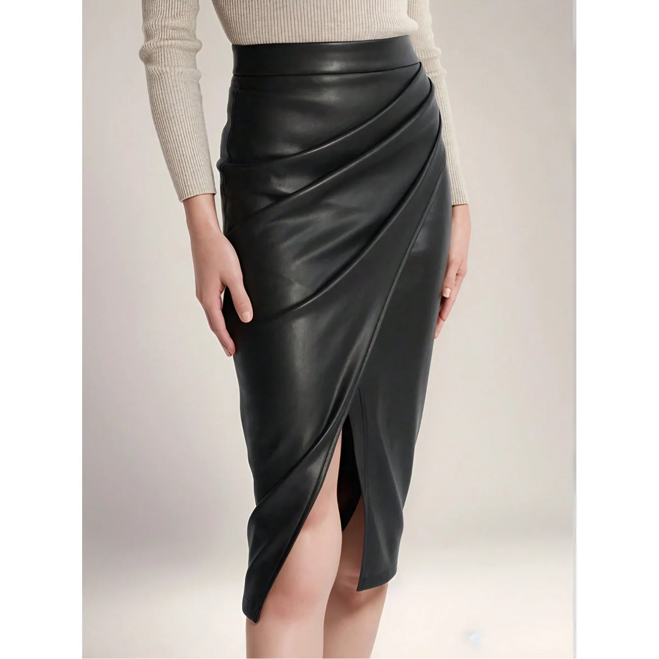 Gonna in pelle PU primavera estate Gonna a vita alta con cerniera raccolti Gonna aderente sexy Gonna a trapezio Faion Ele da donna