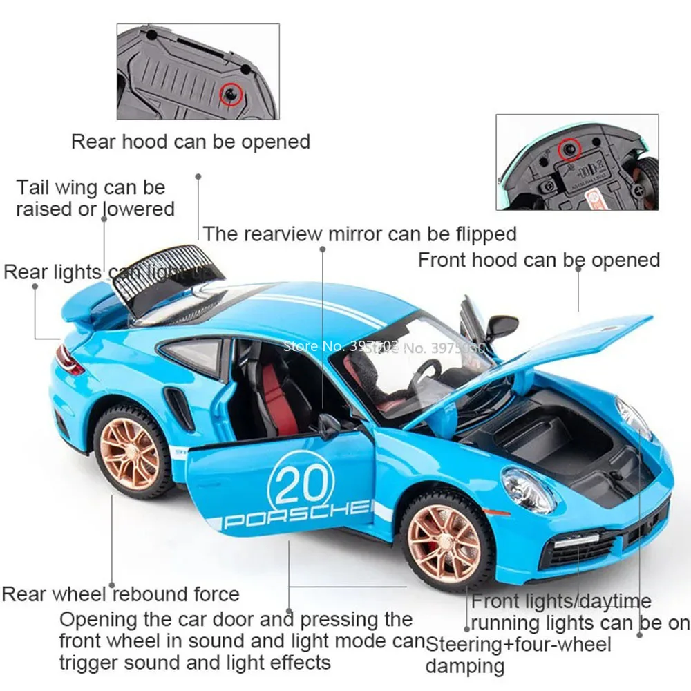 รถของเล่นจำลองรุ่น 1:24 911 GT3 RSR Turbo S รถสปอร์ต ของเล่นโลหะผสมแบบหล่อขึ้นรูป มีเสียง มีไฟ แบบดึงหลัง รถของเล่นขนาดเล็กสำหรับนักสะสม
