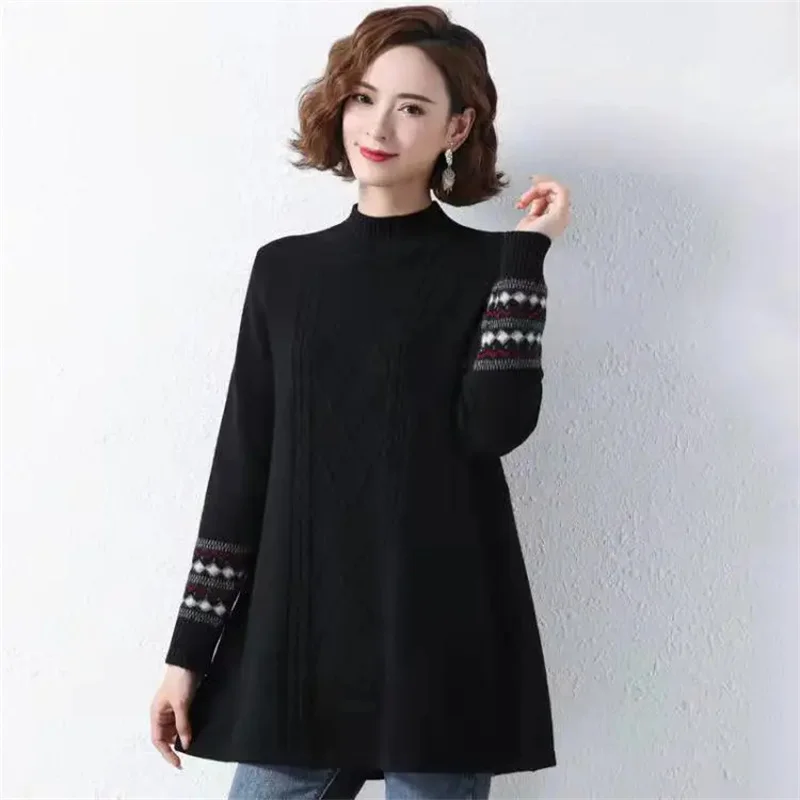 Winter Half High Collar Long Women's Knitted Sweater Fashion Casual Loose Female Pullover Warm Knitt Elastic Sweaters