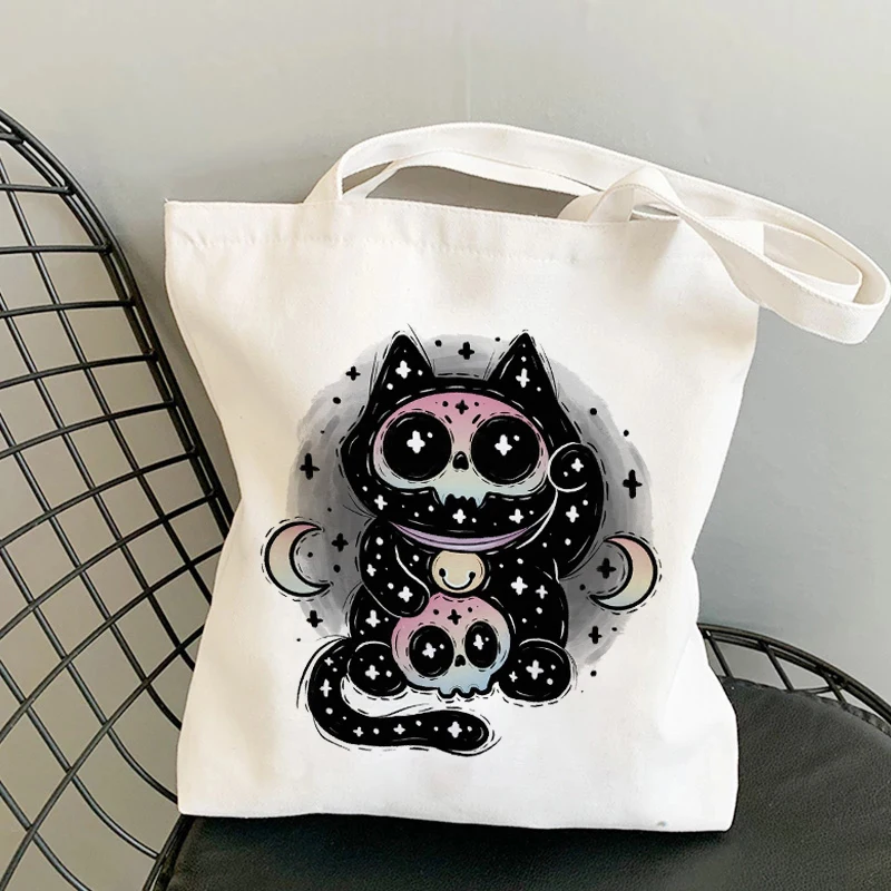 Black Magic Cat Tote กระเป๋าซาตาน Shopping Bag กระเป๋า Jute Shopper กระเป๋ากระเป๋าถือกระเป๋า Reusable สุทธิ eco กระเป๋า