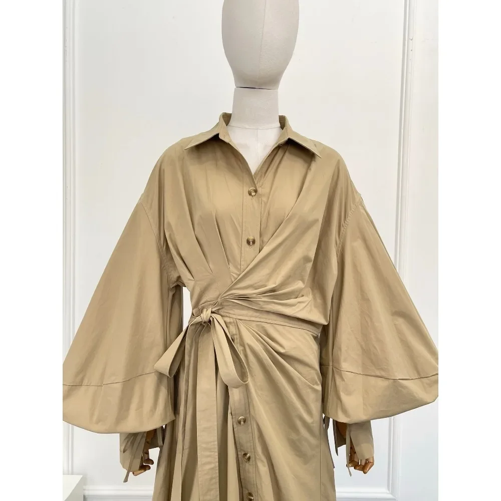 2025 feminino cáqui manga longa blusa lateral cintura gravata vestido midi de algodão