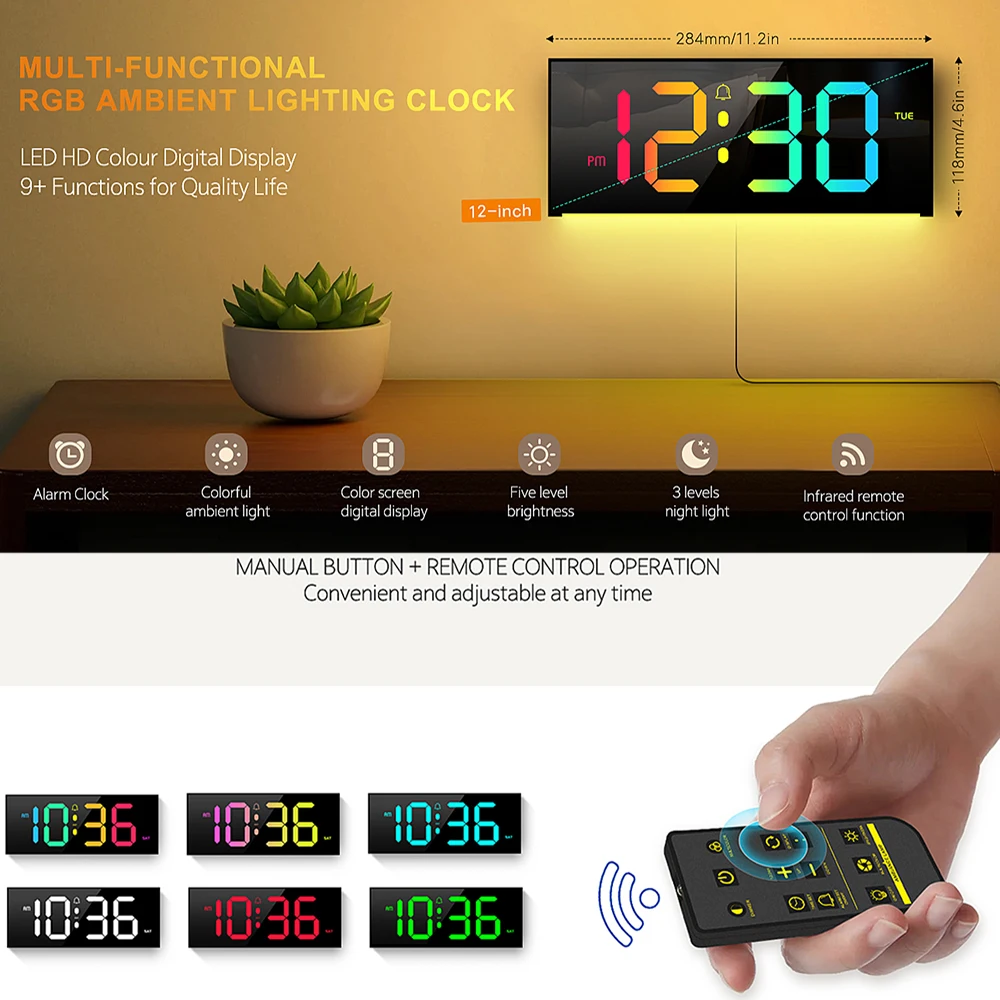 Digital LED Wall Clock with Remote Control Night Light Mood Lighting Living Room Classroom Office Wall Mounted Smart Home