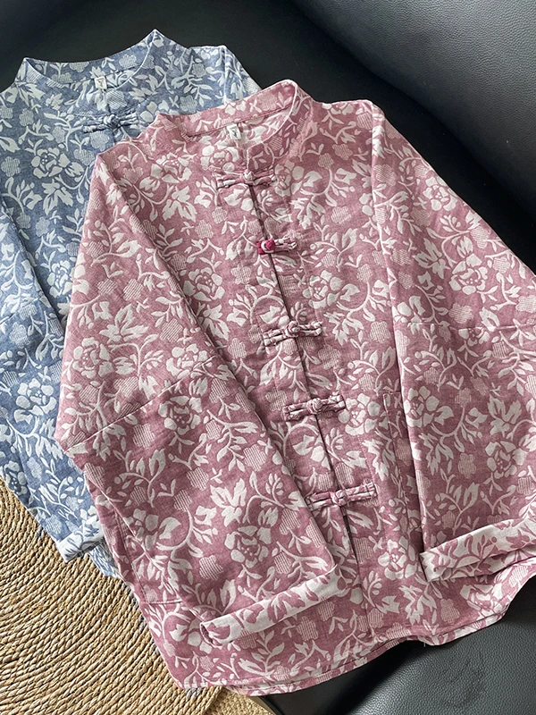 

Retro Loose Large Size Chinese Sle Cotton Linen Embroidered Stand Collar Button up Ethnic Open Cardigan Outerwear for Women