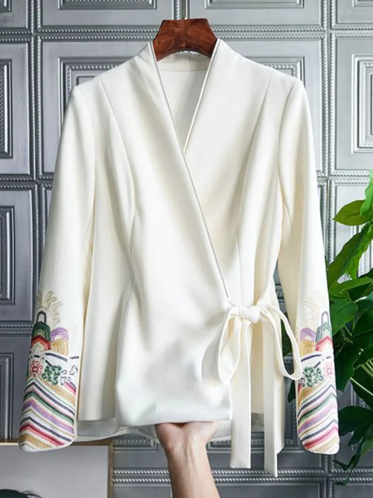 

Chinese Style Embroidered Button up Cardigan Outerwear Street Fashion Loose Fit Long Sleeve V-Neck Regular Length Coat