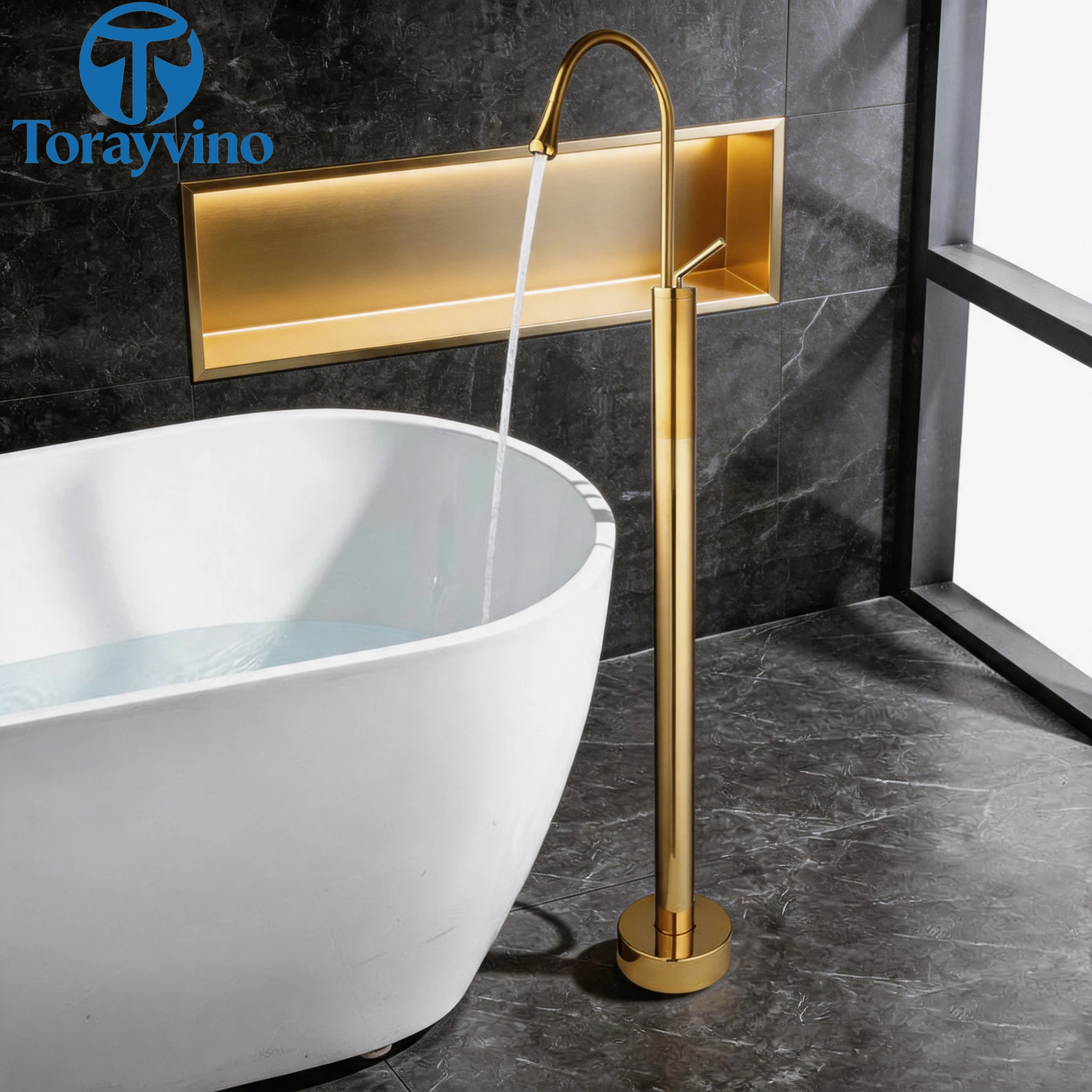 Torayvino Gold Bathtub Shower Faucet Set Tub Filler Freestand Brushed Bathroom Shower Systerm 360 Swivel Brass Shower Faucet