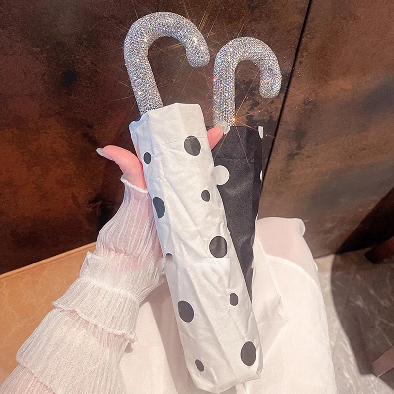 Portable Umbrella Automatic Folding Hook Handle Sunshade Luxury Rhinestone UV Protection Rainproof Travel Umbrella Rain Gear