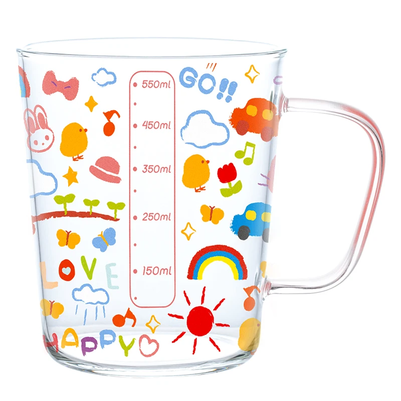 JINYOUJIA-Large Capacity Glass Mug with Scale for Breakfast, Milk, Coffee Cup, Home Kitchen, Cartoon Pattern Water Cups