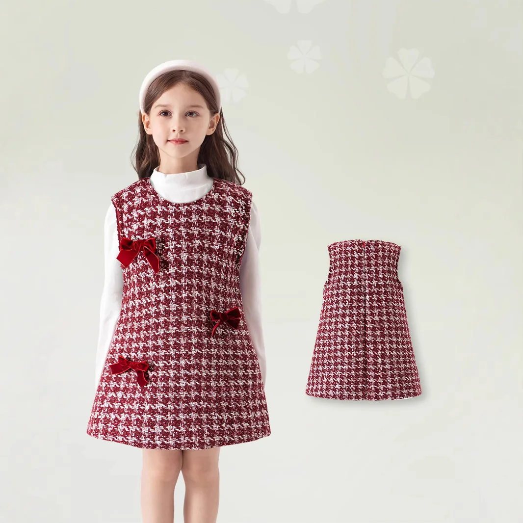 Autumn 1-6Y Kid Girl Sundress Cotton Knotbow Sleeveless Infant Baby Girl Vestido Loose Plaid Fleece Thick Little Girl Vest Dress