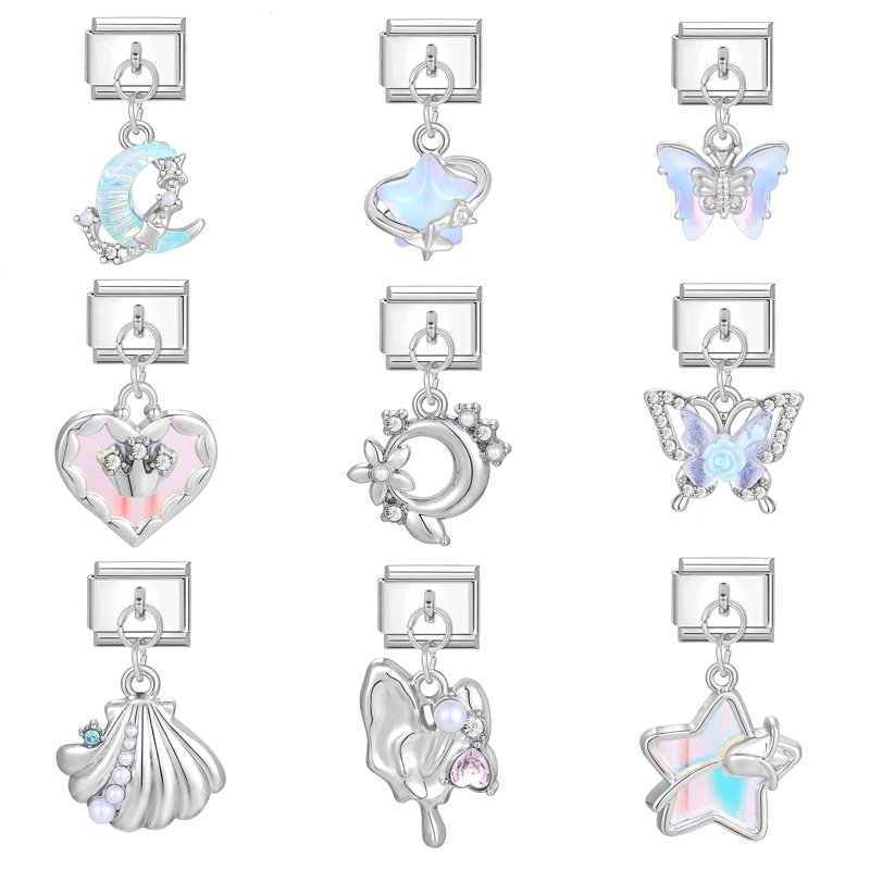 

Romantic Stars Moon Butterfly Shell Crown Italian Charm Links Fit 9mm Bracelet Stainless Steel DIY Jewelry Making Birthday Gift