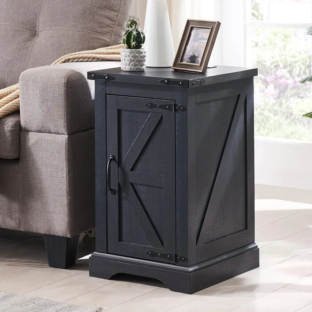 

Nightstand with Charging Station, Rectangular Farmhouse End Table with Barn Door and Adjustable Storage Shelf