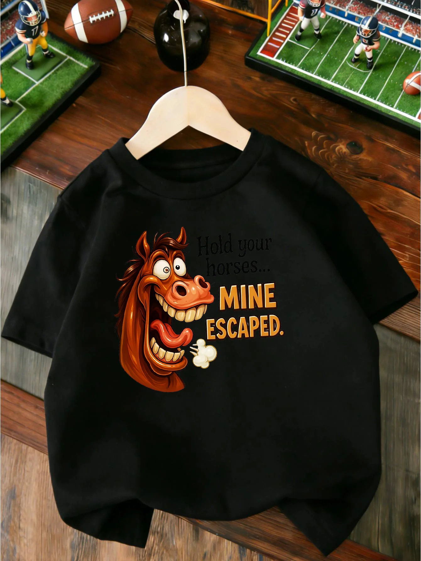 Funny Crazy Brown Horse Mine Escaped Cartoon Print T Shirt Boys Girls Lovely Short Sleeve Tee Family Matching Kids Cotton Tops