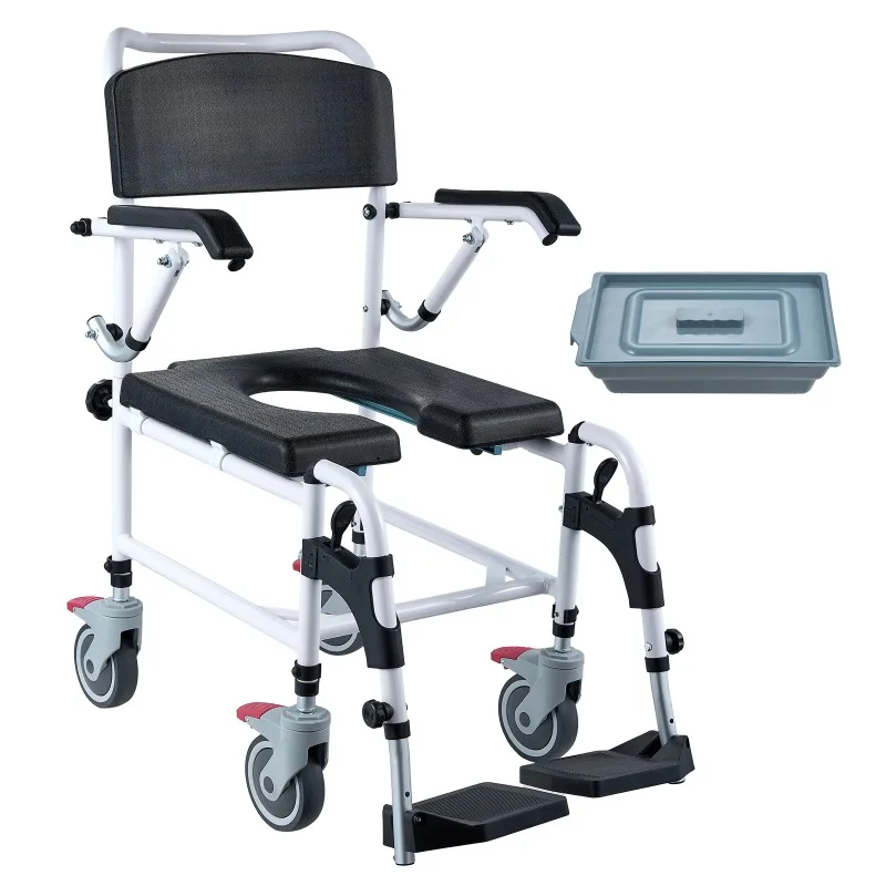 Shower Commode Wheelchair with 4 Lockable Wheels Footrests Flip-up Arms 3-Level Adjustable Height 5L Removable Bucket