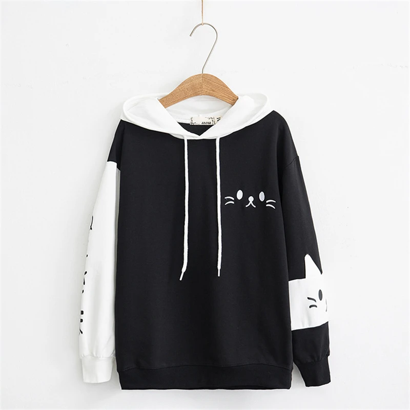 New Creative Cat Cartoon Print Color Blocking Hoodie With Black And White Patchwork Cute College Style Hoodie For Women