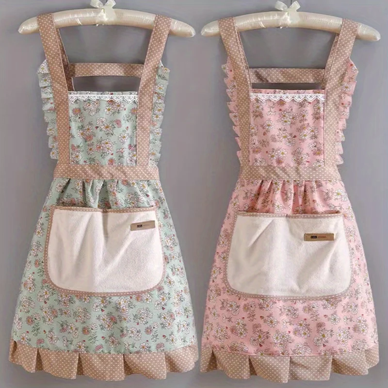 1pc Floral Princess Apron, Adjustable H-Shaped Straps, Hand-Wipe Pocket, Random Floral Pattern, Polyester - Ideal for Cooking