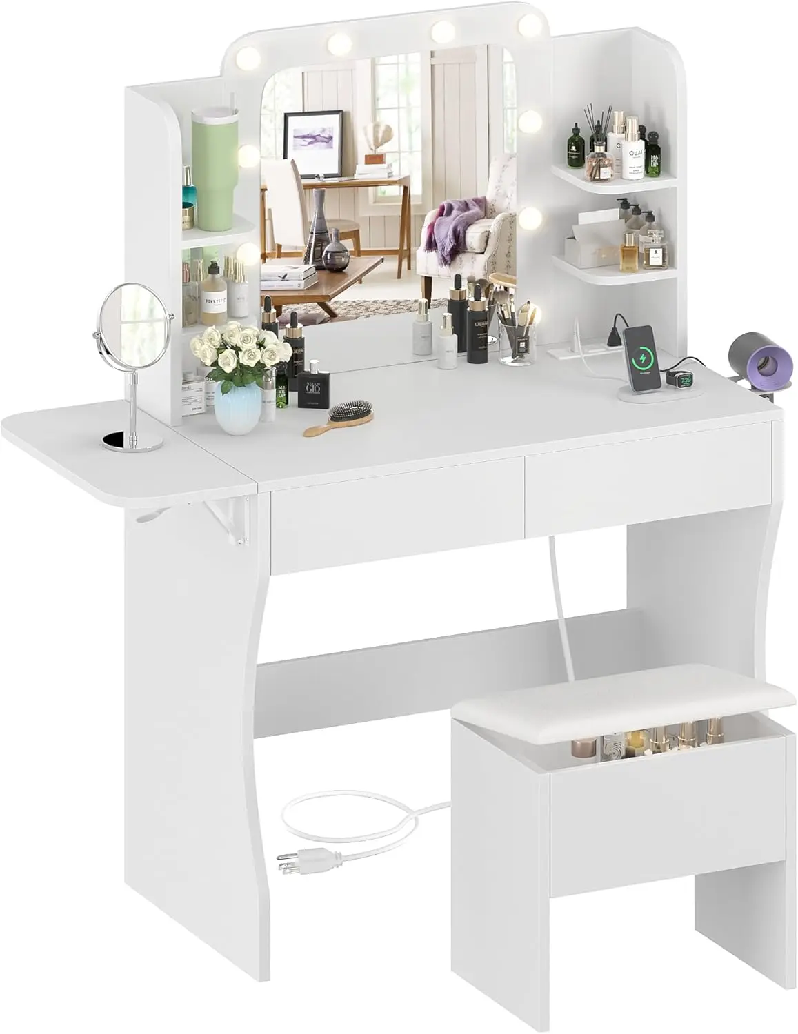 White Vanity Desk with Mirror and Lights - Makeup Vanitys with 2 Large Drawers & Power Outlet, Dressing Table Hollywood Vanities