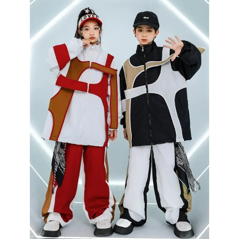 Unisex Kids Hip Hop Tracksuit Boys Girls Loose Streetwear Jacket Pants Set Stage Fashion Show Sport Dance Costume Outfit