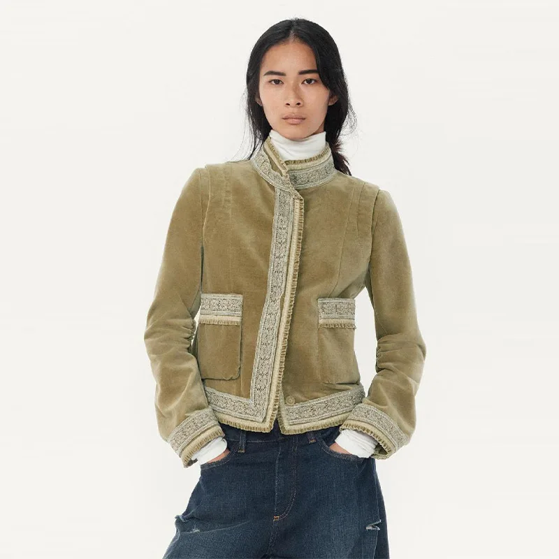 سترة جيب رقعة كلاسيكية من الدانتيل أنيقة عصرية للمصممين الرجعية ملابس خارجية نسائية للخريف بوهو ملابس خروج دافئة #3