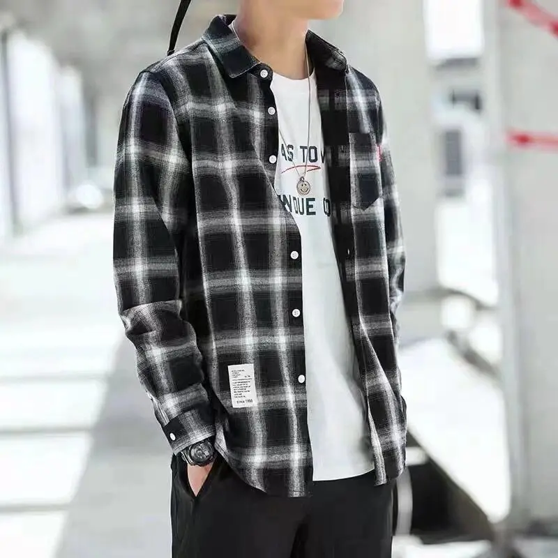 Men's Long Sleeve Plaid Shirt Casual Summer Sun Protection Outerwear Student Korean Style Oxford Cloth Pocket Design CleanFit