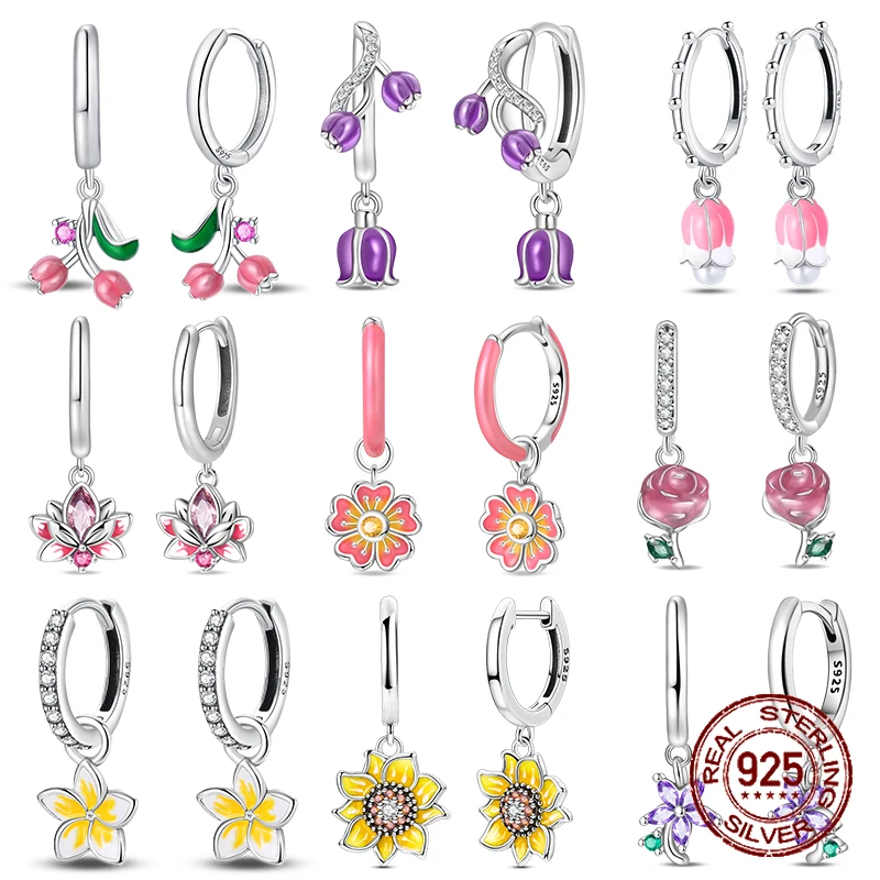 

925 Sterling Silver Tulip Rose Bee Original Design Earrings Colored Zirconium Making Jewelry for Women Girl Wedding Party Gifts