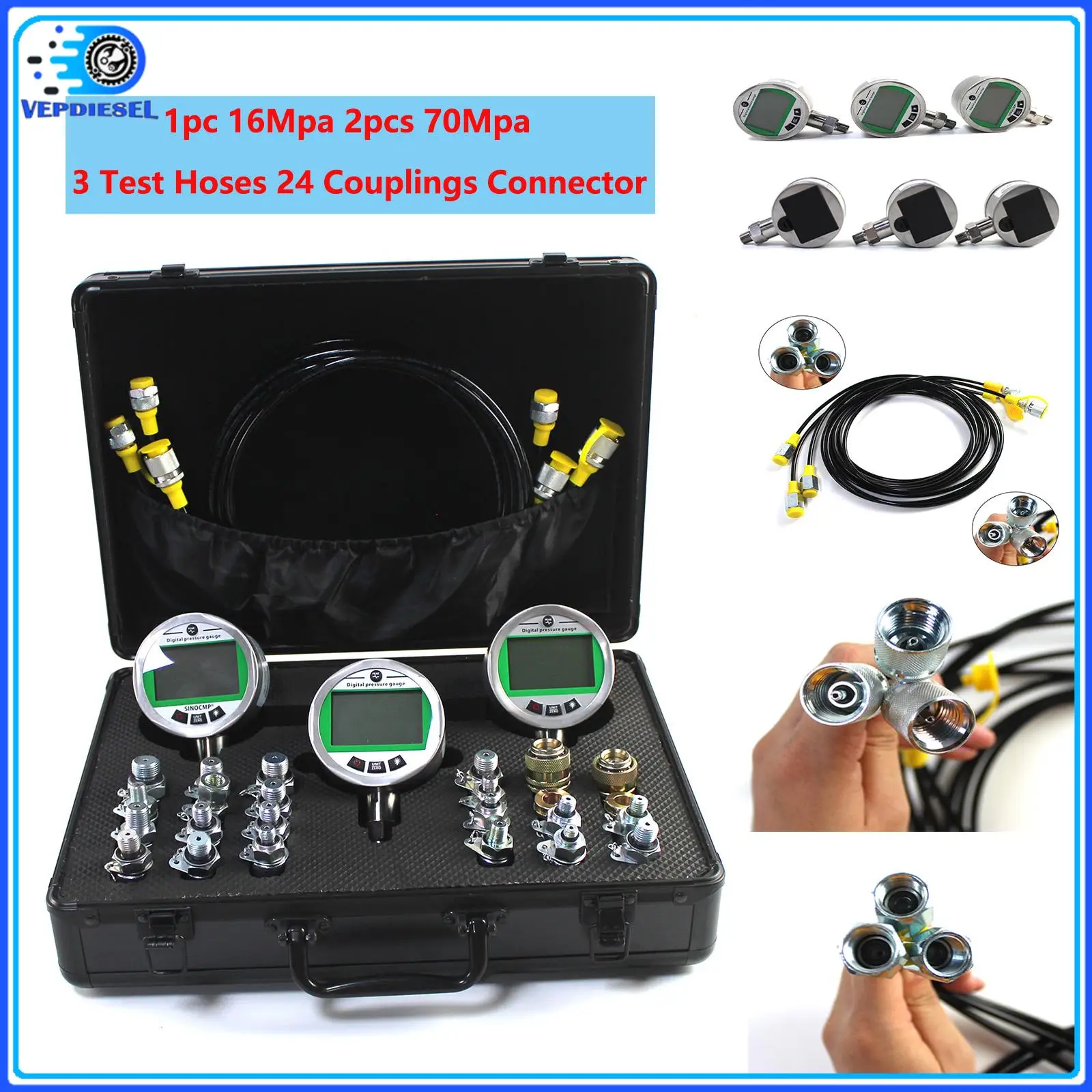 

1set Digital Pressure Kit with 3 Gauges For CAT CASE John Deere Komatsu 1pc 16Mpa 2pcs 70Mpa 3 Test Hoses 24 Couplings Connector