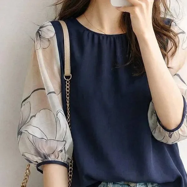 2026 Summary Circular Neck Patchwork Printed Semi-transparent 5/4 Sleeve Shirt Top Dress Elegant Prom Party Clothes