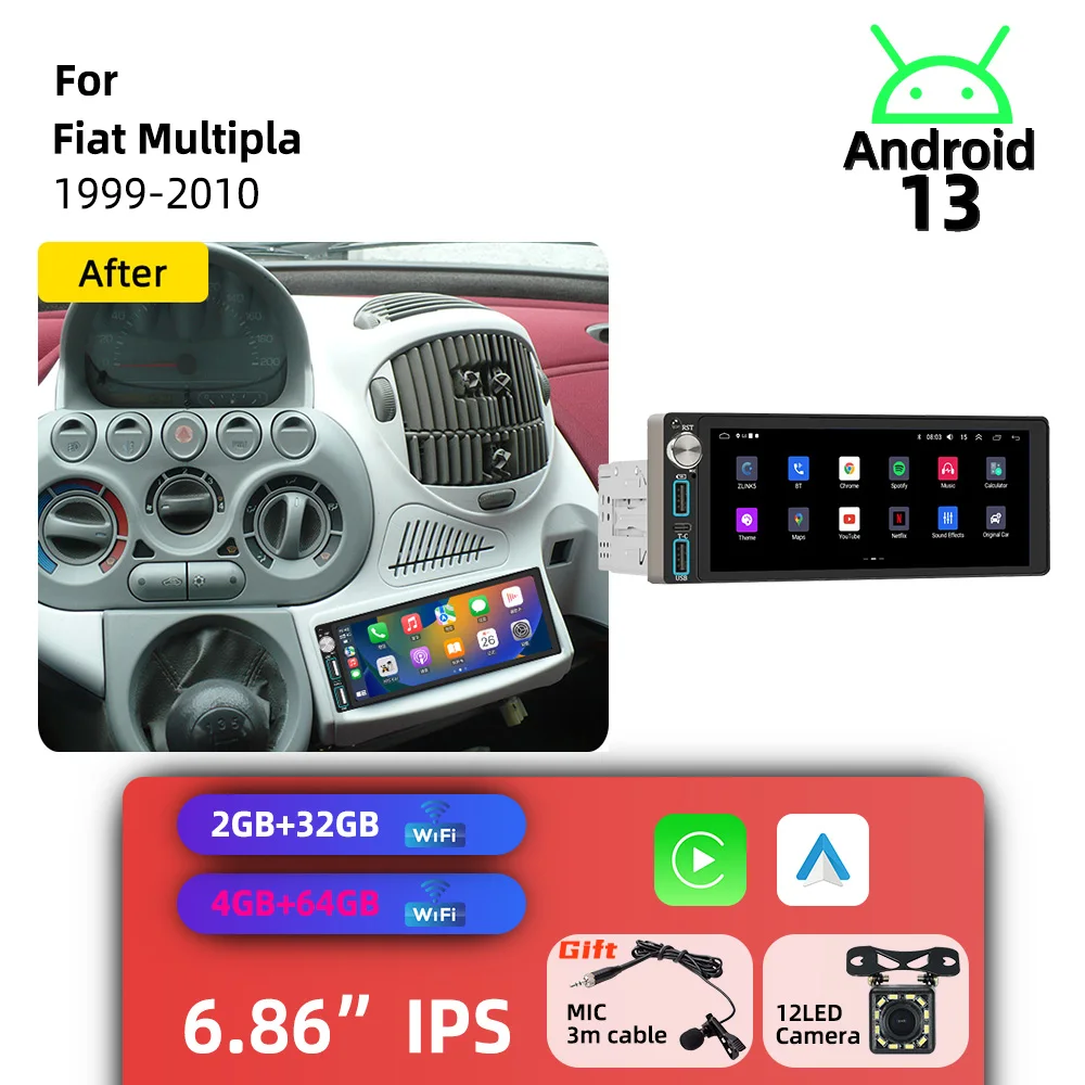 6.86 inch Screen for Fiat Multipla 1999-2010 Android 1Din Car Stereo Carplay GPS Car Multimedia Autoradio Radio Head Unit