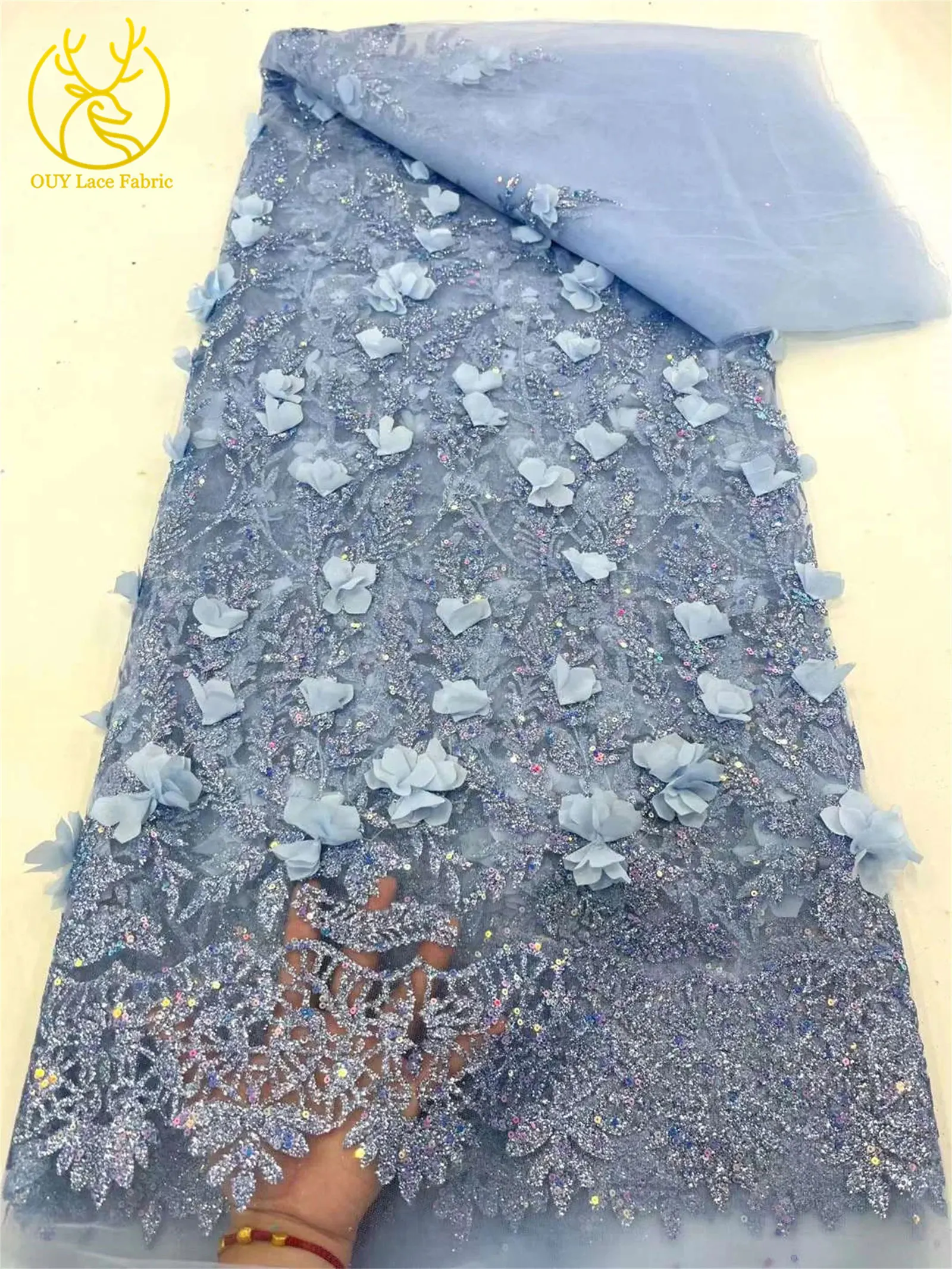 3D Lila Applikations-Spitzenstoff 2026 Hochwertige Afrikanische Glitzer-Pailletten-Spitze Nigerianisch für Hochzeit Braut Partykleid 5 Yards – Detail 7