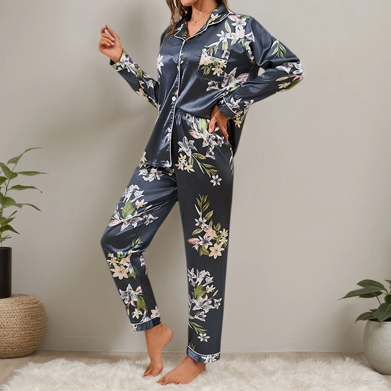 

Женский уютный пижамный комплект Lily, кардиган с длинными рукавами и лацканами, карманом и длинными брюками, осенняя удобная удобная домашняя одежда, домашняя одежда