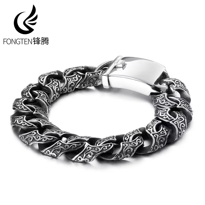 Fongten Totem Bracelets for Men Stainless Steel Cuban Chain Man Wristband Charm Bracelets Bangle Gold Color Jewelry Wholesale