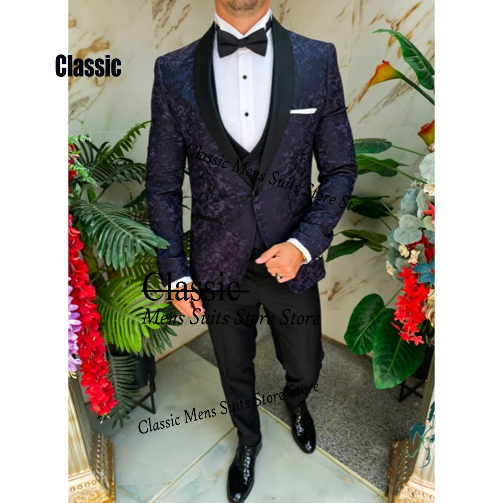 Customized Jacquard Business For Men Suit Simple Embroidery 3 Pieces Groom Male Blazers Ropa hombre Fashion Slim Wedding Tuxedos
