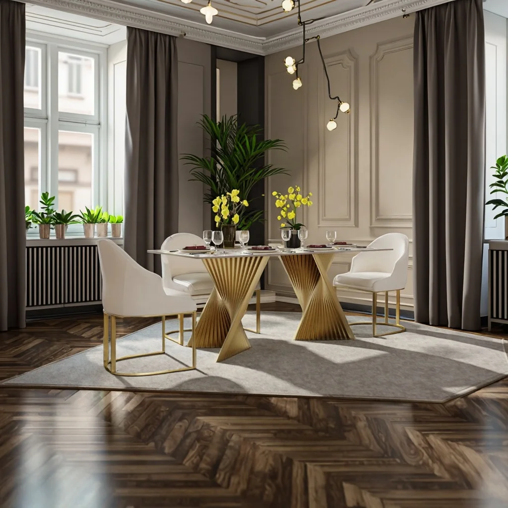 Modern luxury, marble dining room 63-inch gold and white dining table set + 6 chairs rectangular gloss sintered stone