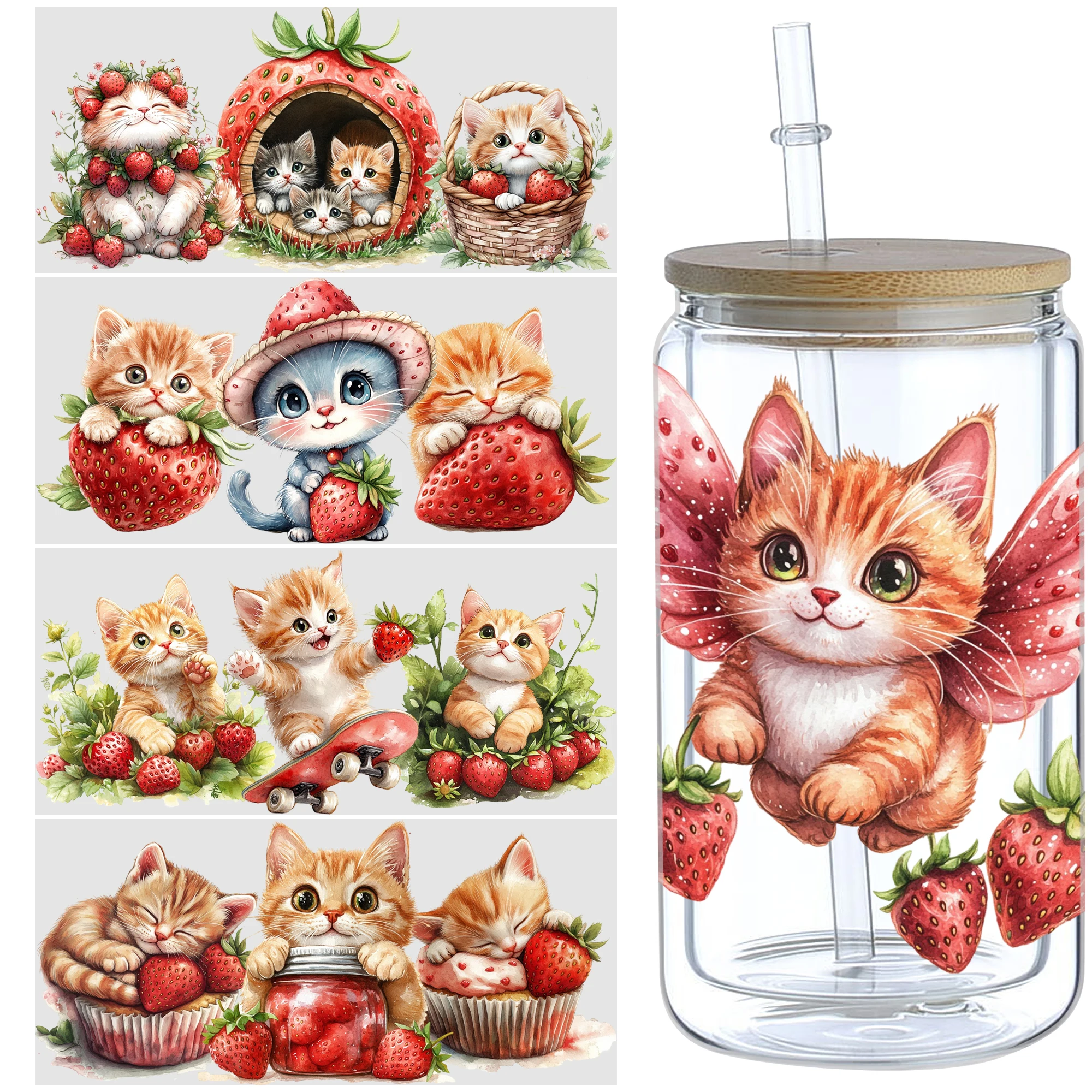 5 Sheets Cat UV DTF Cup Pack for 16 oz Glass, Waterproof Strawberry Exquisite Design UV DTF Sticker for 16 oz Glass, DIY