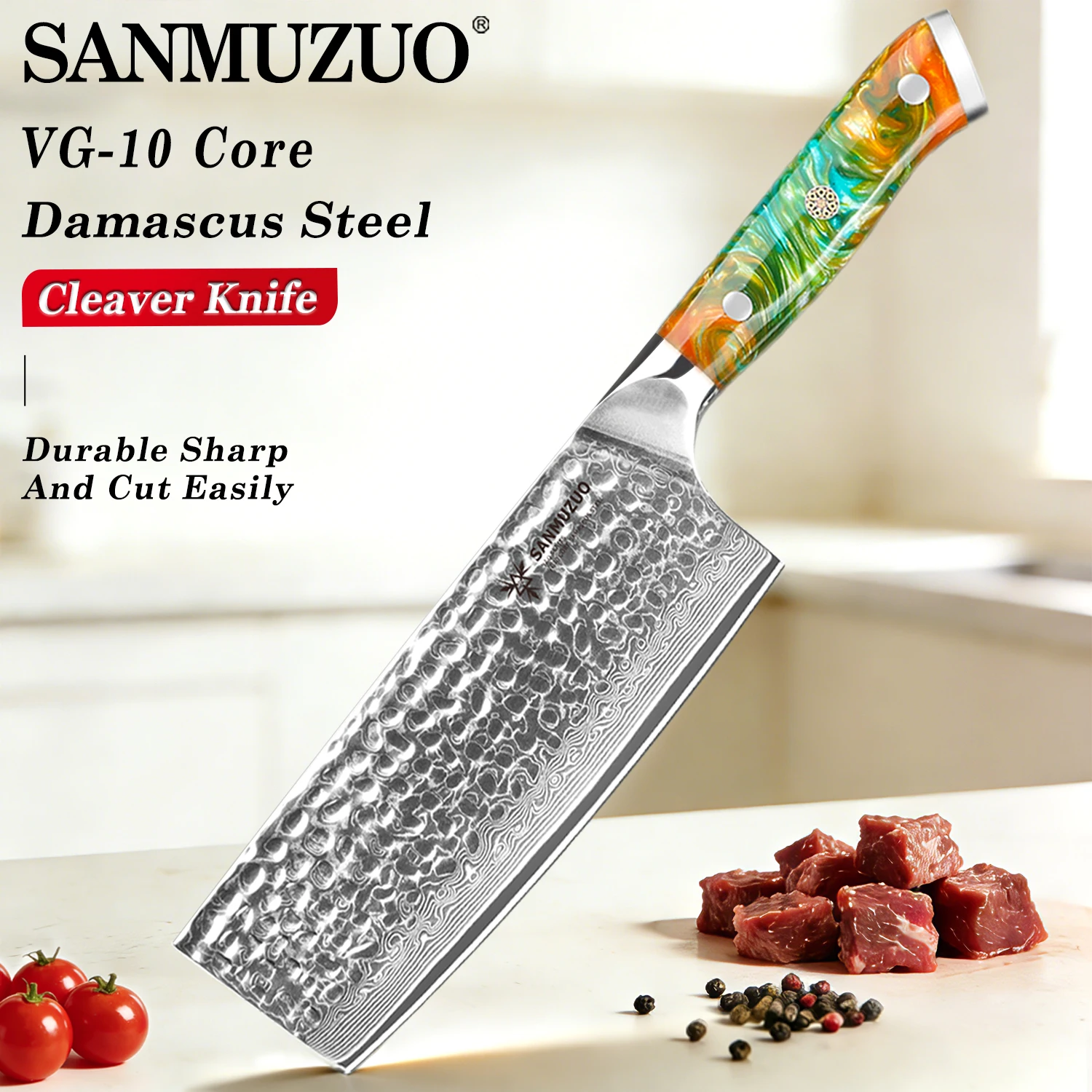

SANMUZUO Yao Series 7" Chinese Chef Knife, VG10 Damascus Steel Cleaver with Resin Handle, Sharp Kitchen Knife for Meat Vegetable