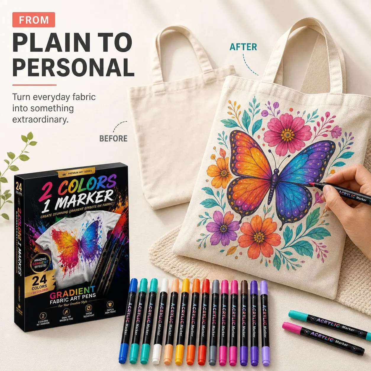 24-color Acrylic Marker Double-ended Fabric Painting Pen Waterproof Non-fading Textile Painting Pen DIY Handmade Supplies