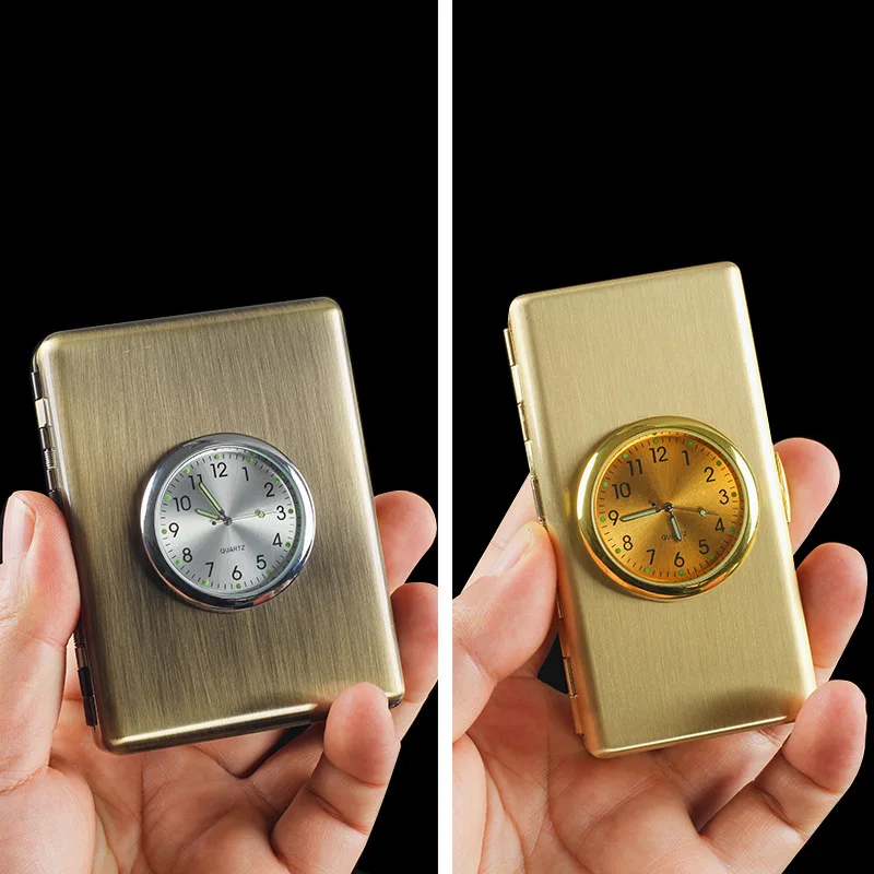 

Creative Metal Cigarette Case with Digital Watch & Mirror Thick/Thin Cigarettes Anti-Pressure Moisture-Proof Smoking Accessory