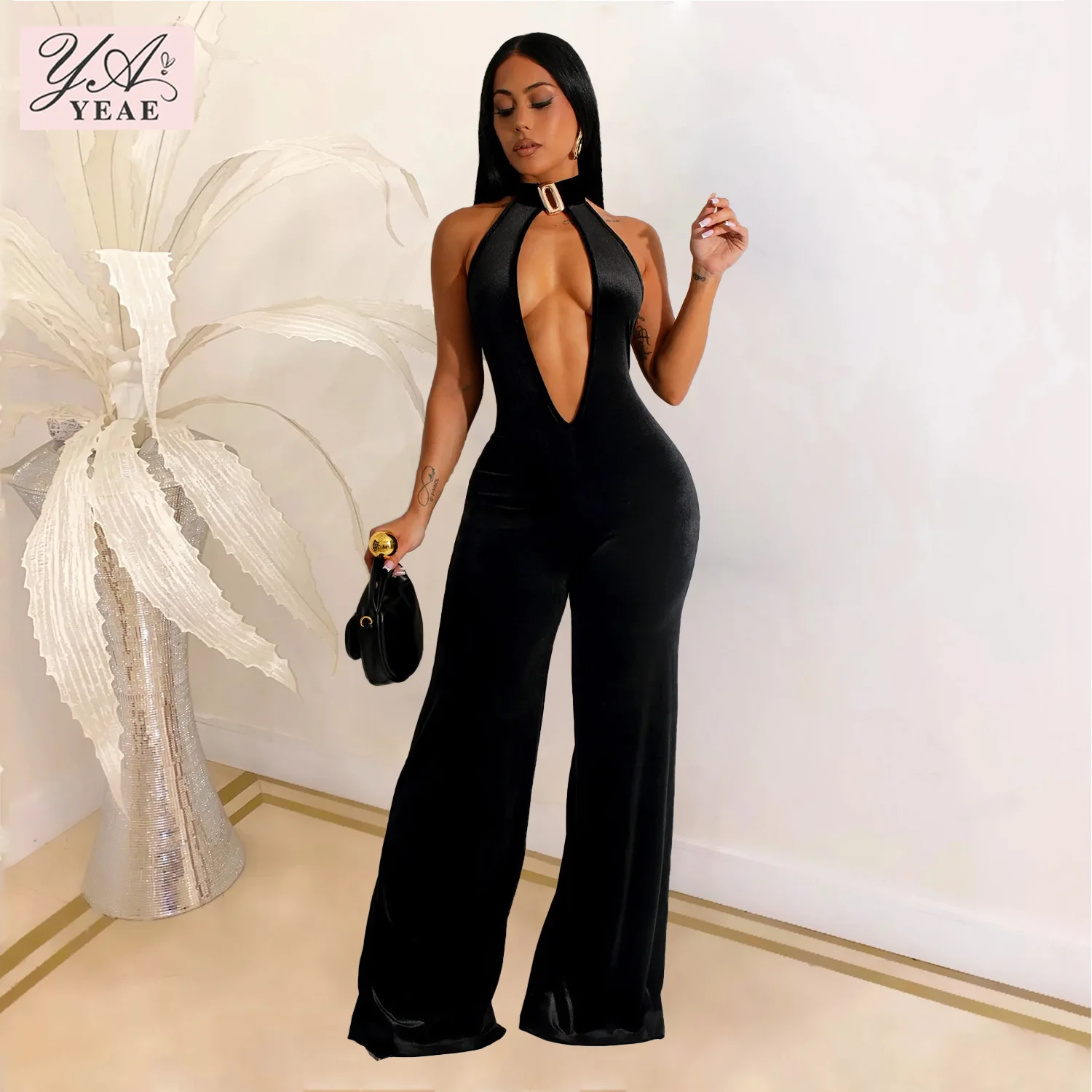 Autumn Women V-neck Halter Jumpsuits Wedding Velvet Evening Backless Romper Night Club Party Sleeveless One Piece