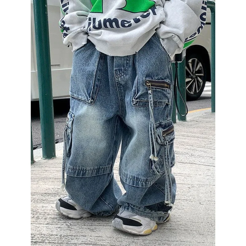 Baby Boys Loose Pants Spring Denim Trousers for Children Korean Toddler Baby Clothes Multi-Pocket Jeans Cargo Pants 2 -8 Years