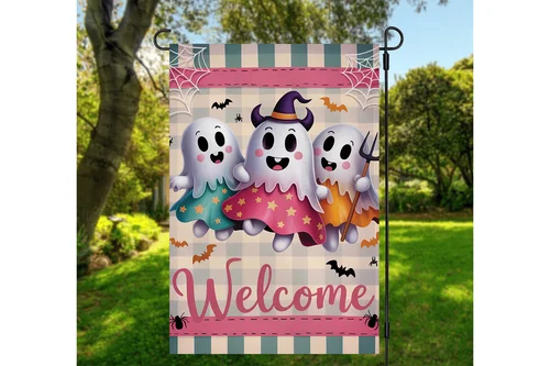Halloween Garden Flag Welcome Cute Ghosts Witch Hat Bats Spiders Yard Outdoor RRM IIX SSL