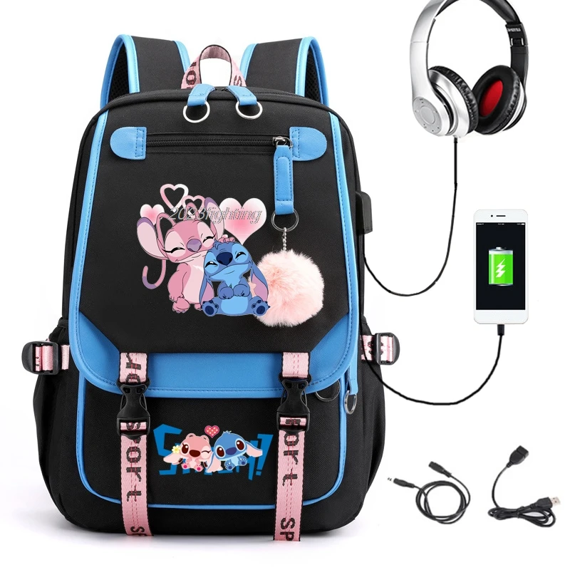 Lilo Stitch Mochilas com Capacidade USB Dos Desenhos Animados, Mochila Leve para Adolescentes, Meninas Estudantis e Meninos, Cosplay Kawaii, Laptop