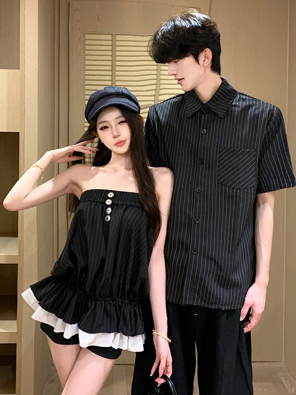 Striped Splice Shoulder Bared Tube Top Tank Women's Summer New Style Slimming Puffy Flower Bud Top Trendy Design Sense