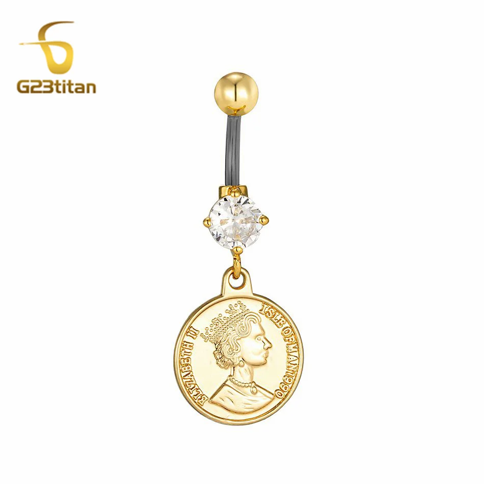 Stainless Steel Double-sided Embossed Pretty Queen Elizabeth Pendant Belly Rings 14G Titanium Piercing Women Party Navel Jewelry