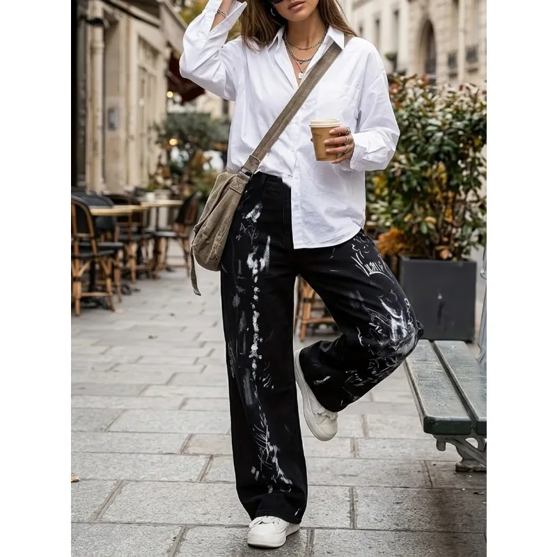 2026 New Women Graffiti Abstract Print Wide Leg Sweatpants Elastic Waist Loose Hip Hop Streetwear Casual Trousers With Pockets