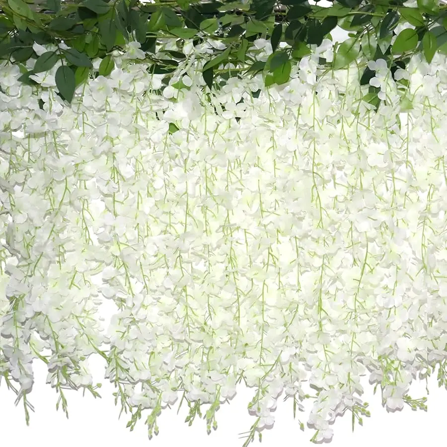 

60 Branches Wisteria Hanging Flowers, 4PCS Artificial White Wisteria Flowers Garland for Wedding Arch Ceremony Party Garden Home