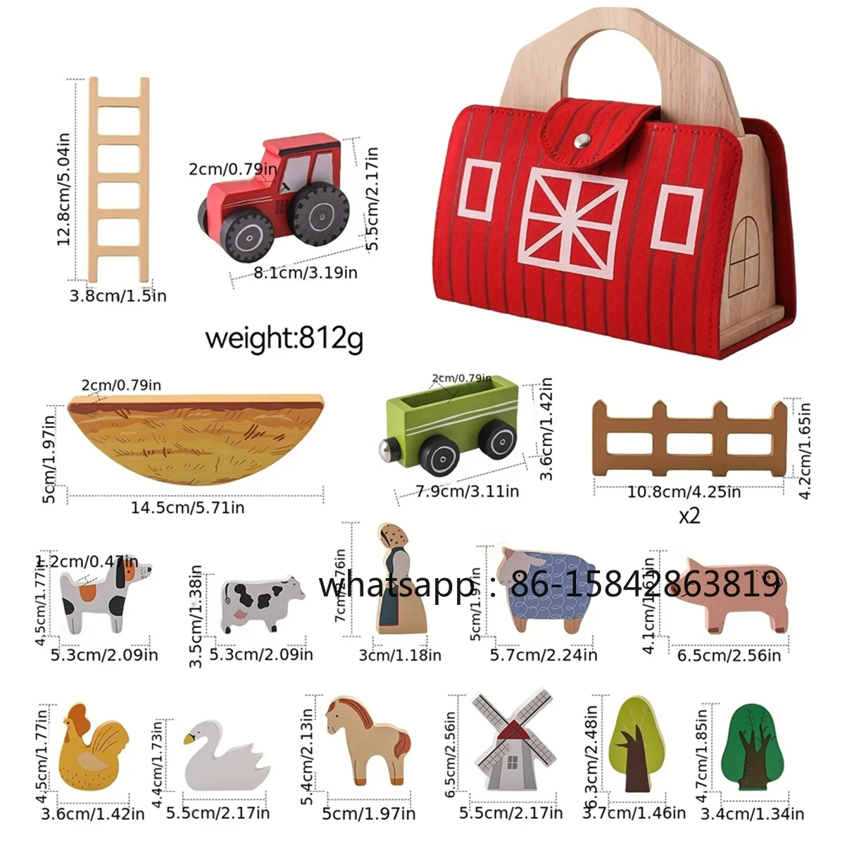 A04R-18pcs Farm Animals Barn Toys Wooden Montessori Stacking for Toddlers Red Barn Toys Farm Pretend Playset Birthday Gift
