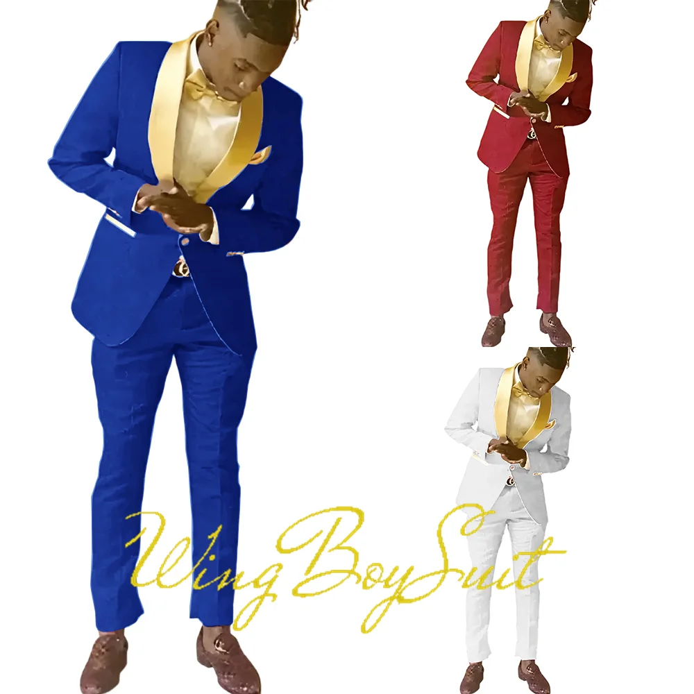 

Formal Boys Suit 2-pieces Set Gold Collar Jacket Pants Slim Fit Kids Blazer Party Dress 2-16 Years Teen Tailor Clothes