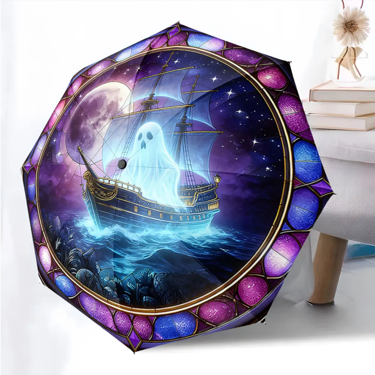 1PC Mystical Ship Ghosts on a Colorful Umbrella Print 8 Iron Ribs Folding Umbrella Auto-Open Fashion Sunshade