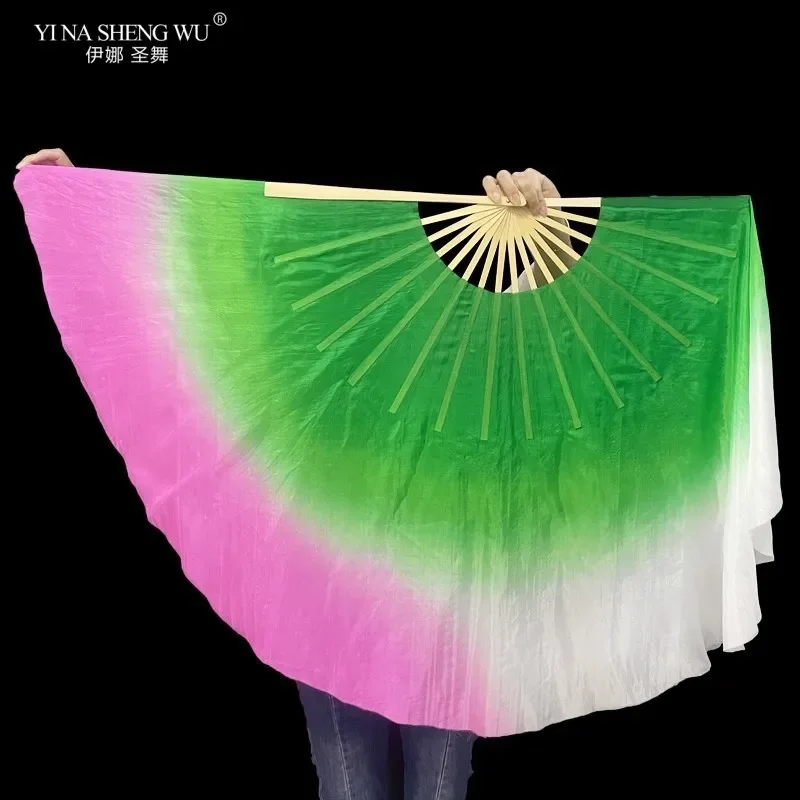 Voile d'éventail en soie pour femmes adultes, Double face en soie véritable, teinture pour les mains en bambou, vert, rose, fluide, main droite, accessoires de spectacle de danse