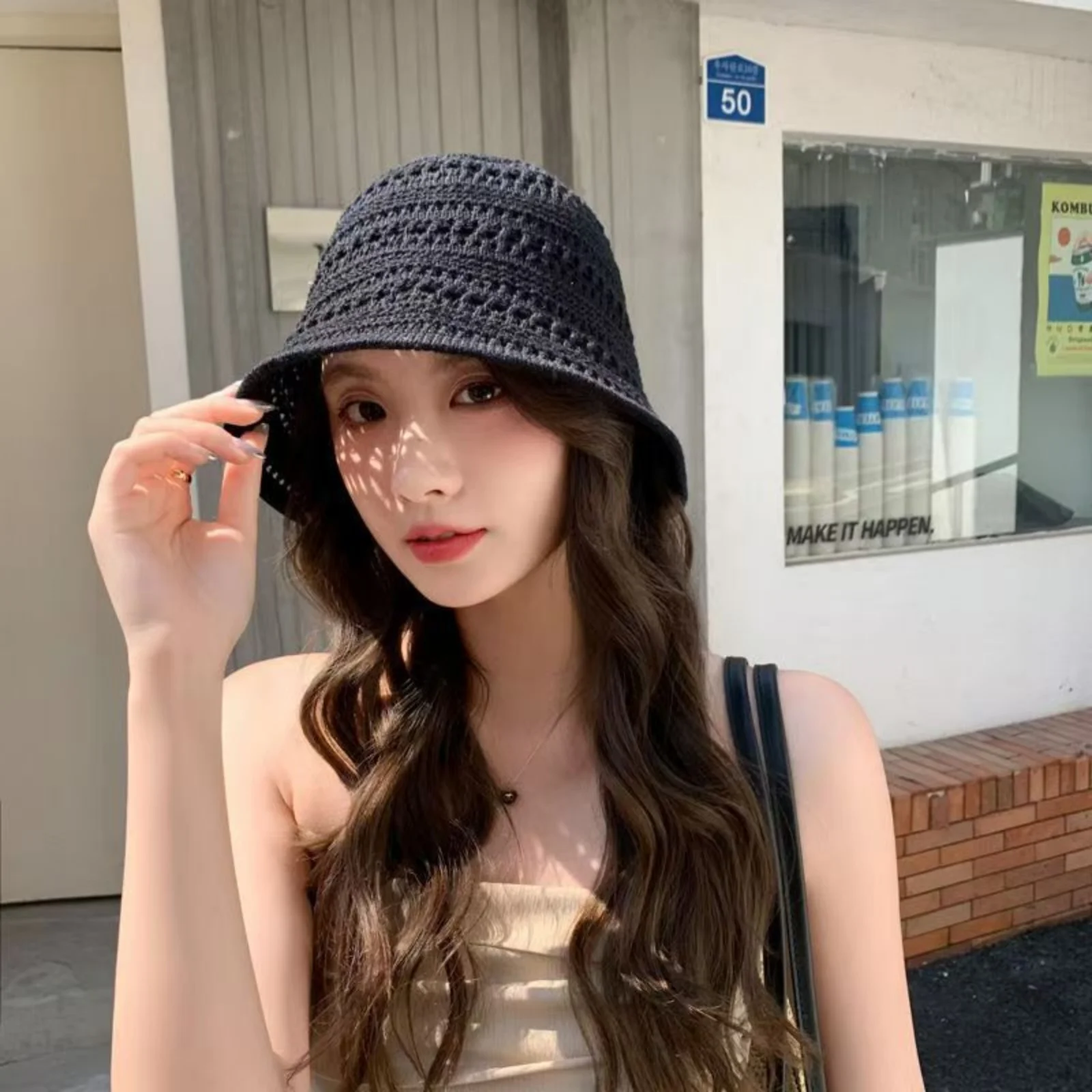 Knitted Bucket Hat For Women Lightweight Breathable Crochet Cloche Hat Solid Color Hollow Out Sun Hat UV Protection Fisherman