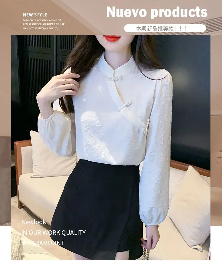 New Chinese Retro Button White Shirt Women's Autumn New Improved Cheongsam Top Women